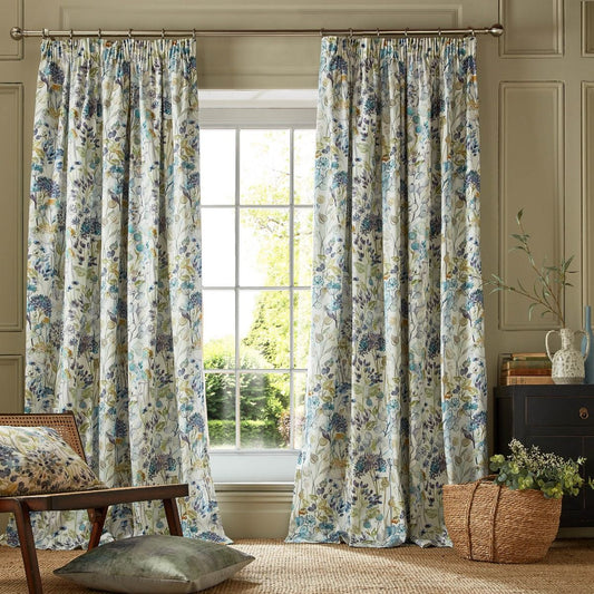 Country Hedgerow Pencil Pleat Curtains - Sky