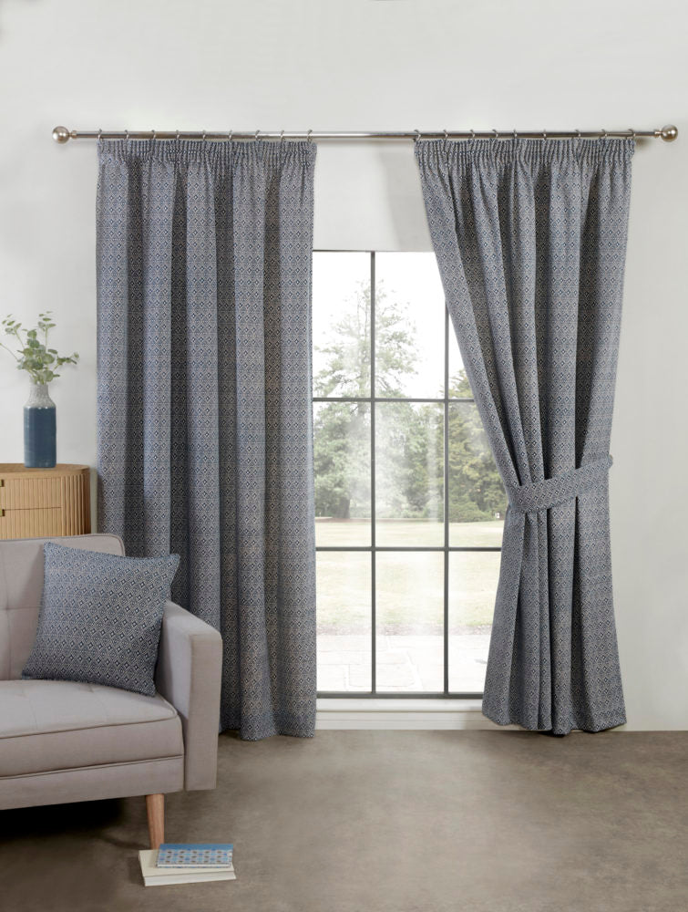 Aztec Pencil Pleat Curtains - Navy