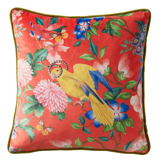 Golden Parrot Cushion - Coral